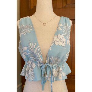 Forever 21 Floral Low-V Tie Blouse Womens XS Sky Blue Sleeveless Beachy Crop Top